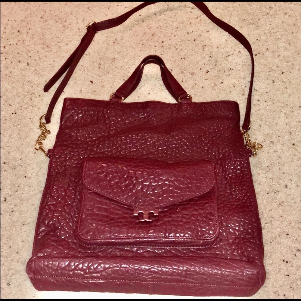 Tory Burch Maroon Pebbled Foldover Crossbody bag